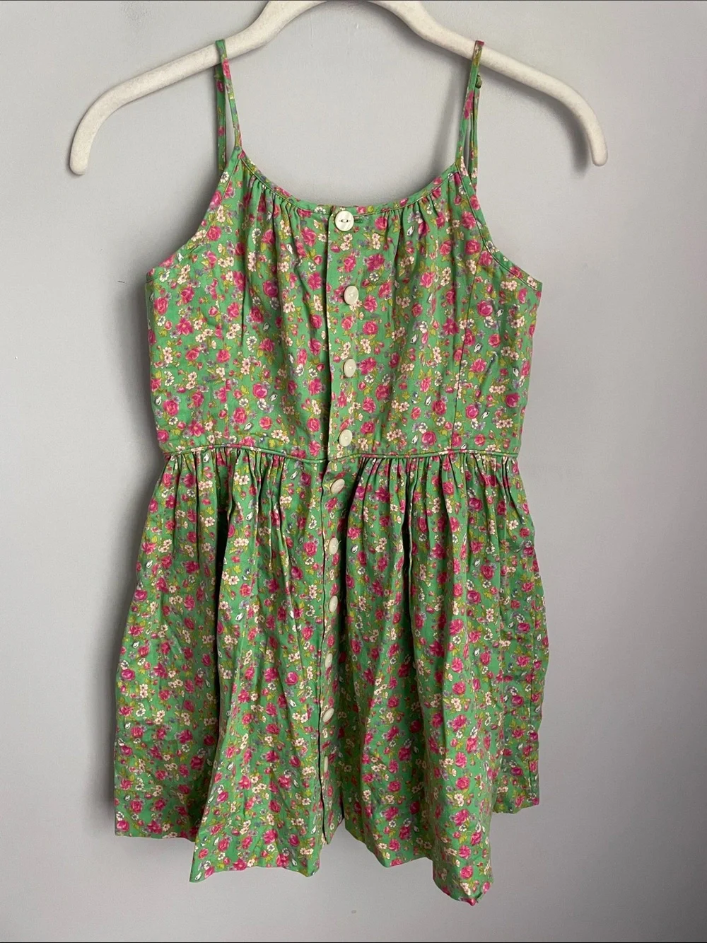 Ralph Lauren Girl’s Green Floral Button-Front Sundress with Pink Accents Size 12